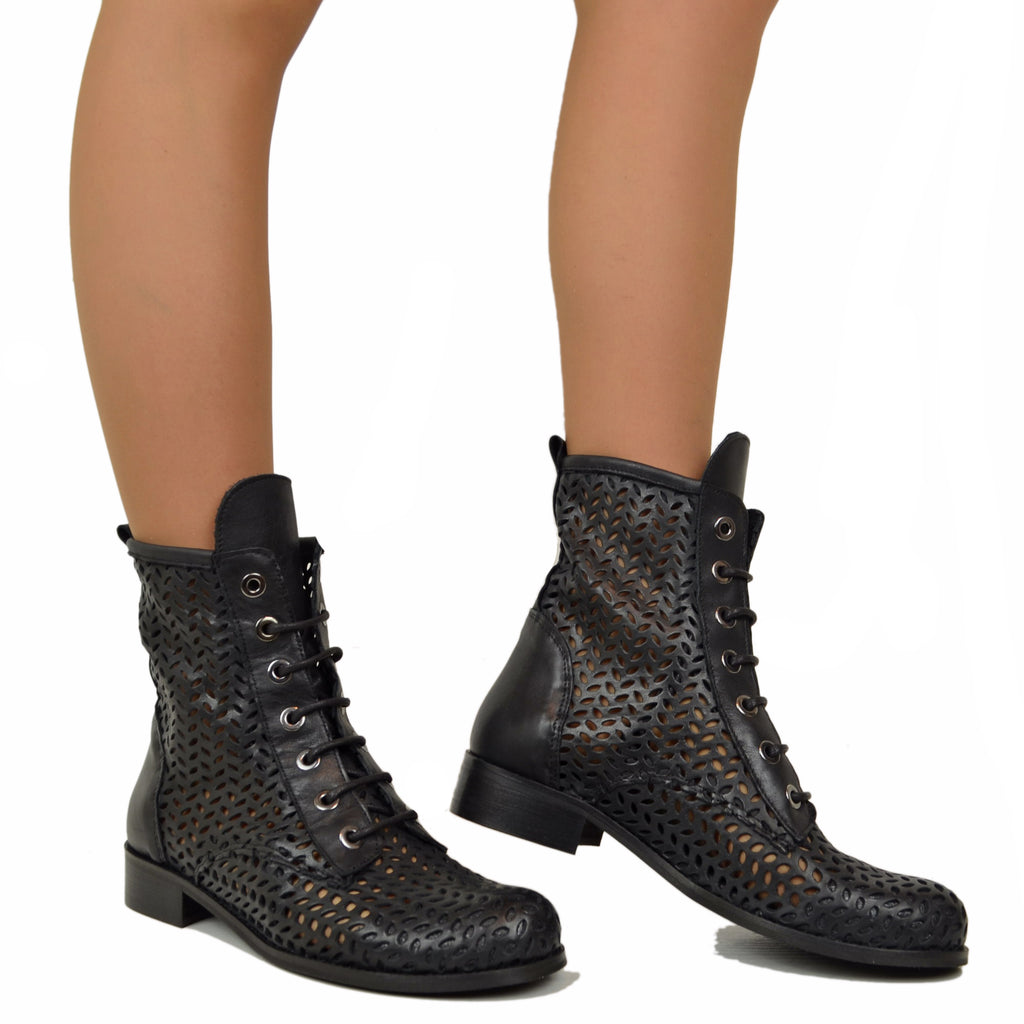 Women's Black Perforated Amphibian Ankle Boots with Laces Made in Italy - 3