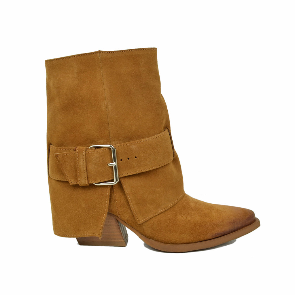 Women's Texan Boots with Gaiter in Suede Leather with Buckle - 3