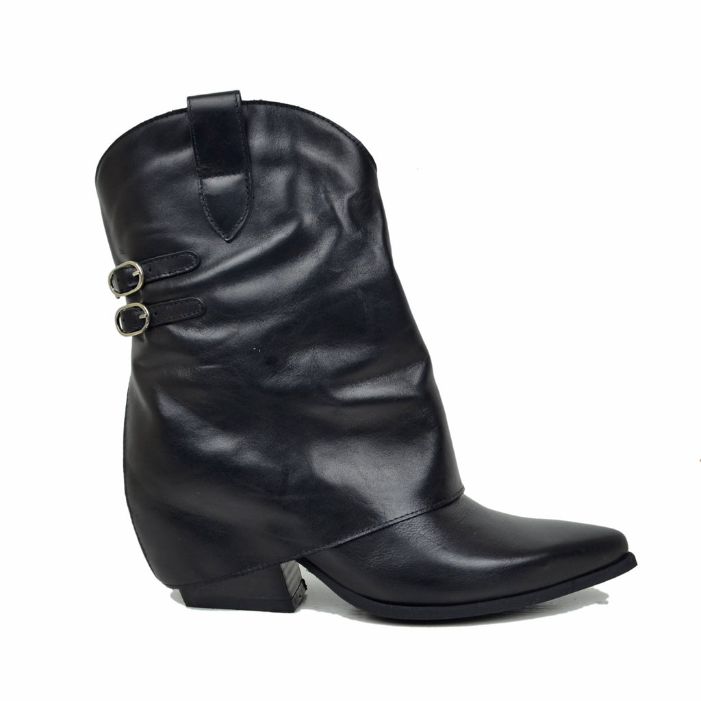 Women's Texan Boots with Gaiter in Black Leather with Buckles - 2