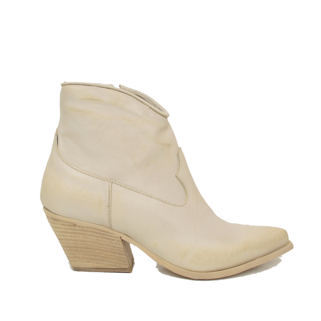 Women's Texan Boots in Beige Leather with Zip Made in Italy - 2