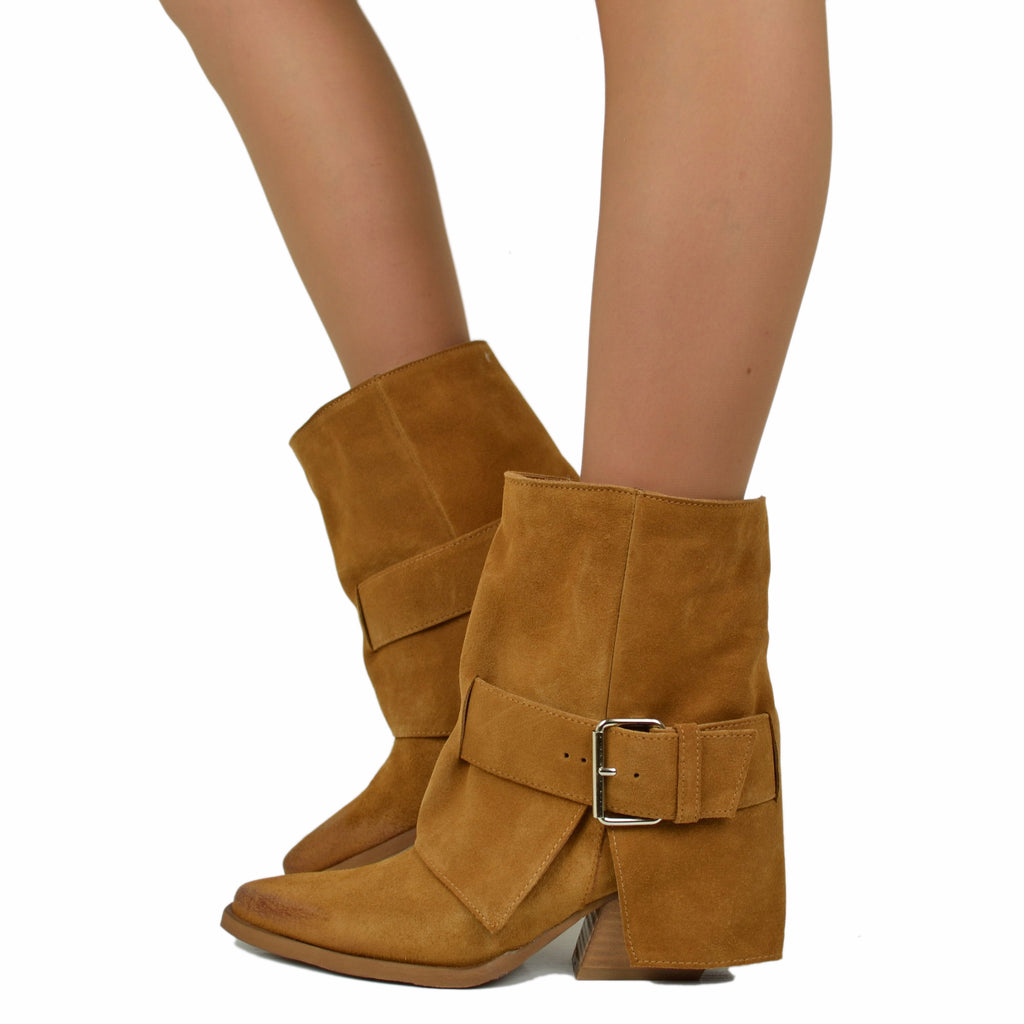 Women's Texan Boots with Gaiter in Suede Leather with Buckle