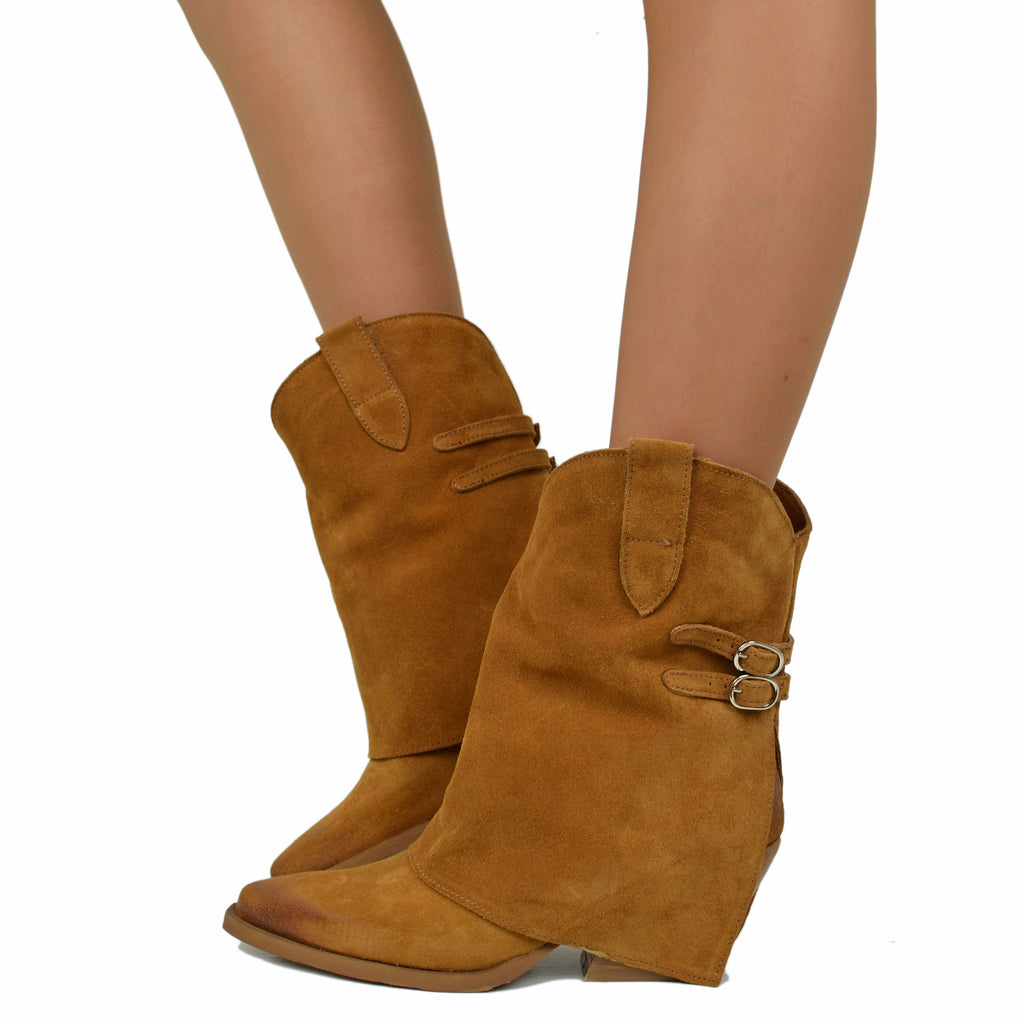 Women's Texan Boots with Gaiter in Suede Leather with Buckles