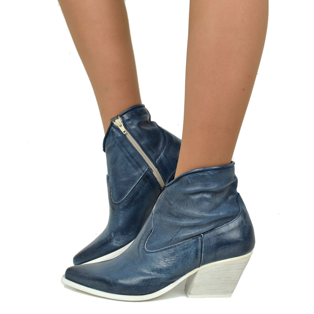 Texanische Damenstiefel aus marineblauem Leder mit Reißverschluss, hergestellt in Italien