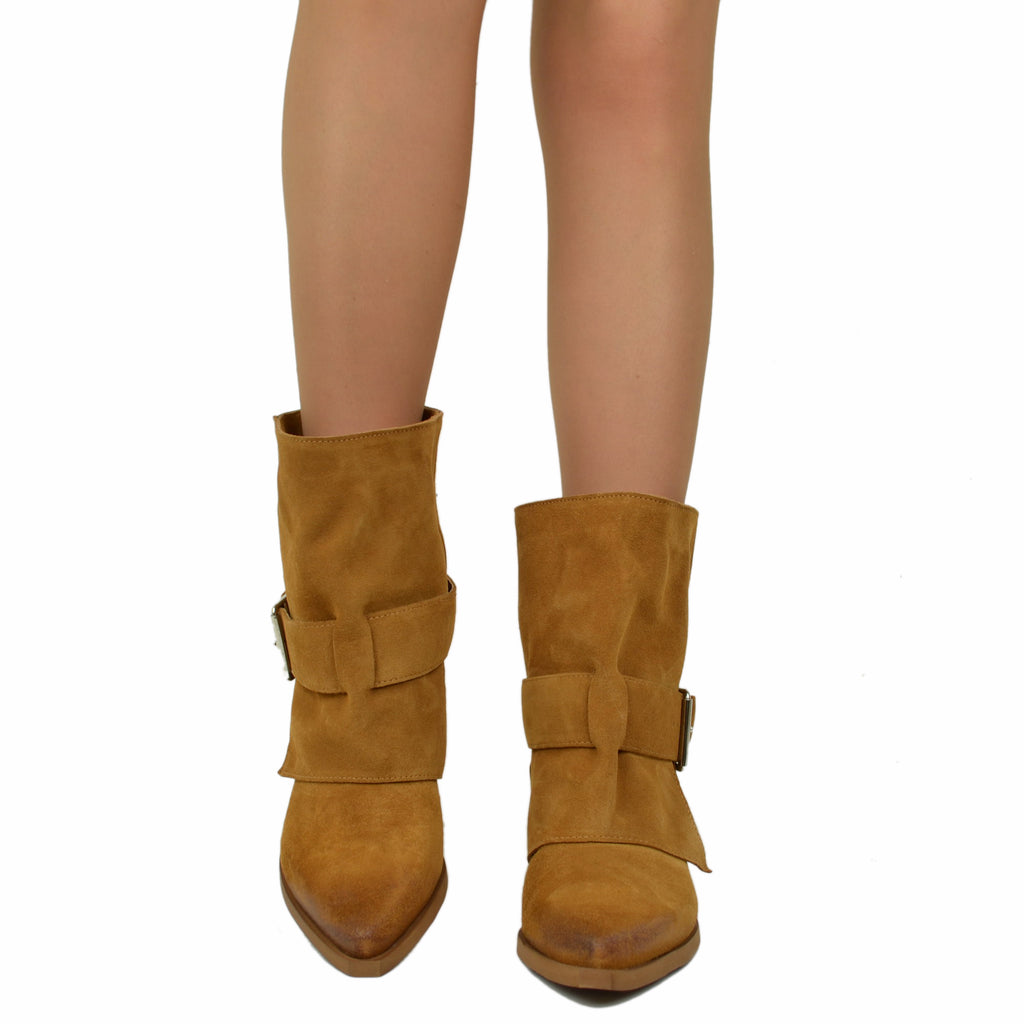 Women's Texan Boots with Gaiter in Suede Leather with Buckle - 4