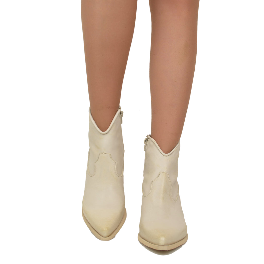 Stivaletti Texani Donna in Pelle Beige con Zip Made in Italy - 3