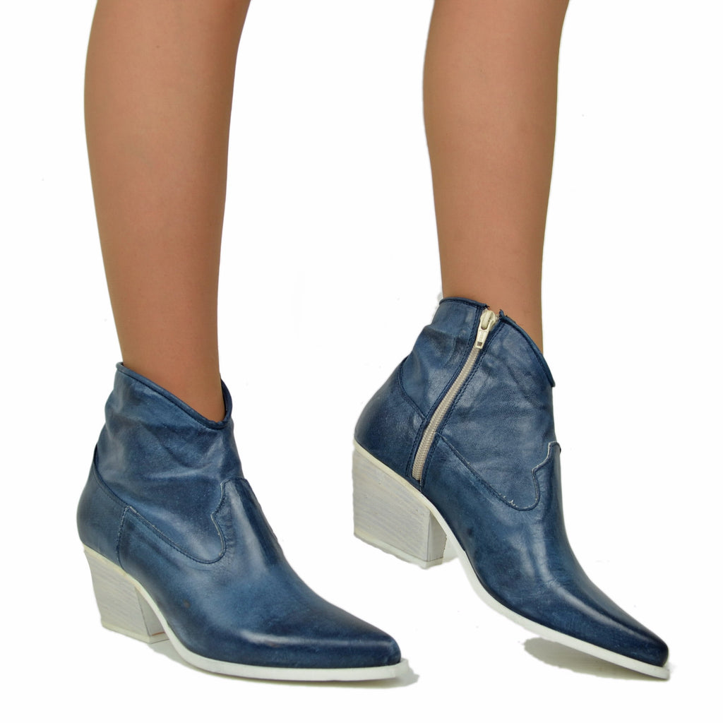 Texanische Damenstiefel aus marineblauem Leder mit Reißverschluss, hergestellt in Italien - 4