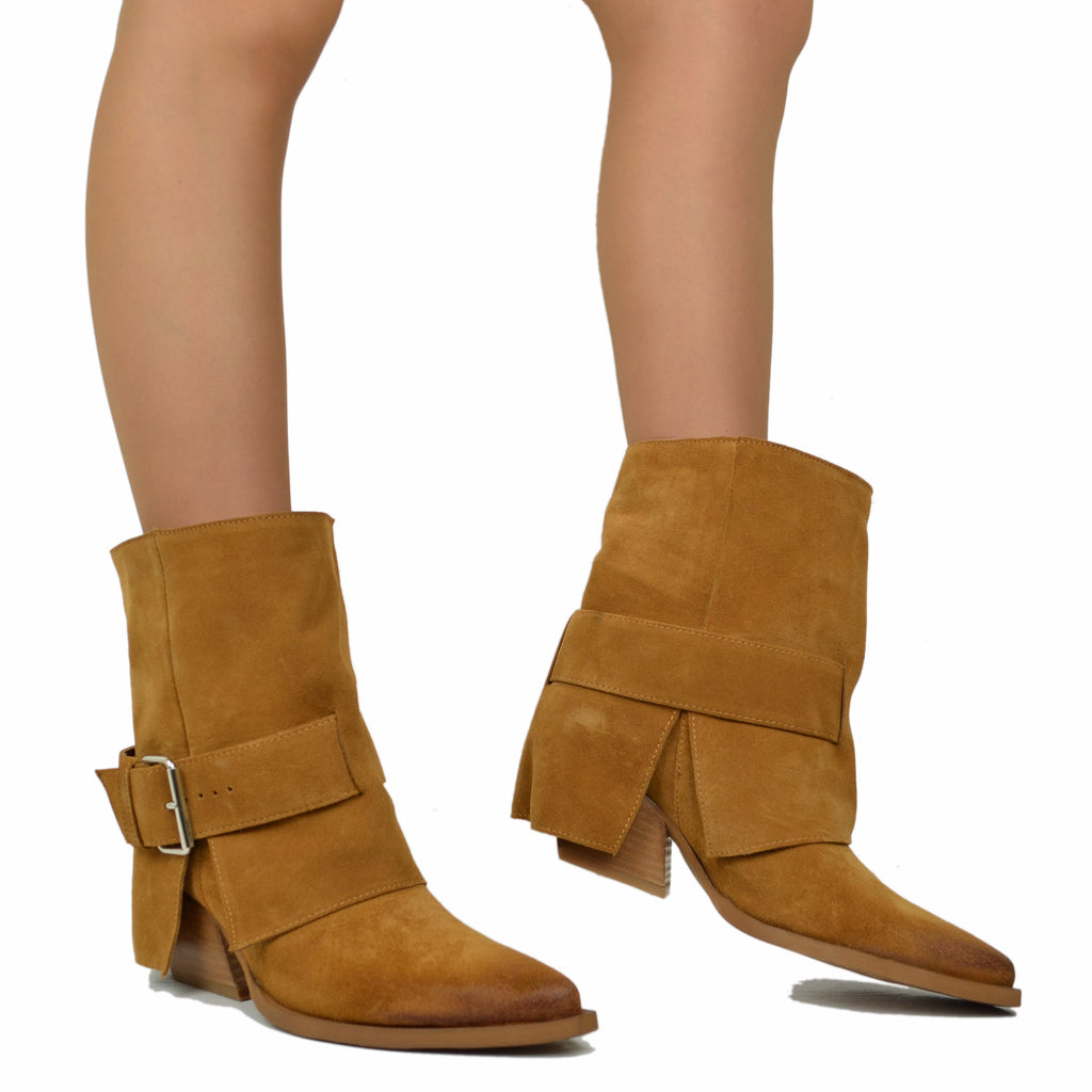 Women's Texan Boots with Gaiter in Suede Leather with Buckle - 5