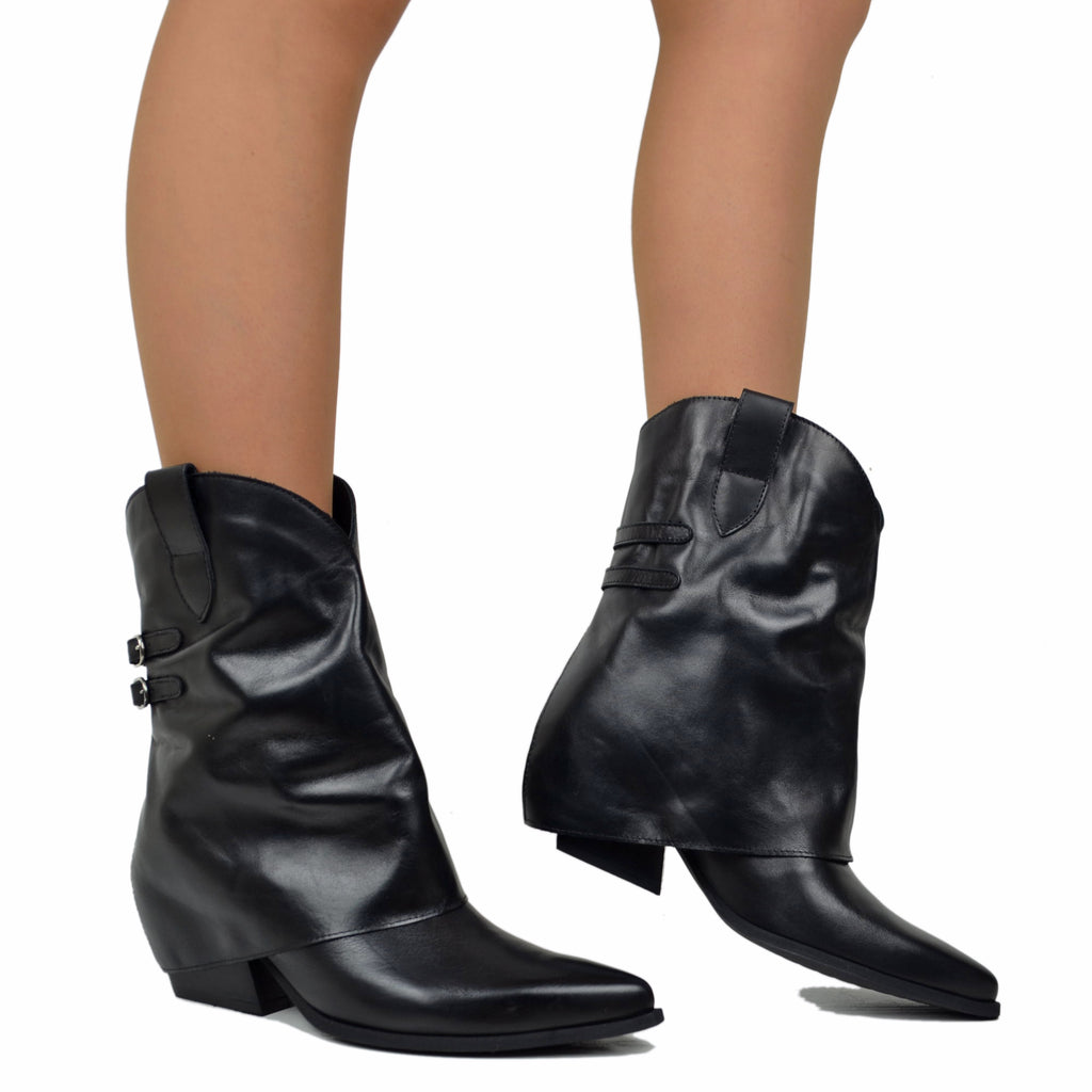 Women's Texan Boots with Gaiter in Black Leather with Buckles - 4