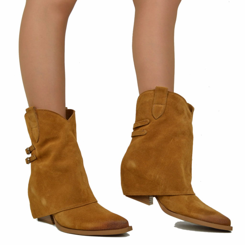 Women's Texan Boots with Gaiter in Suede Leather with Buckles - 5