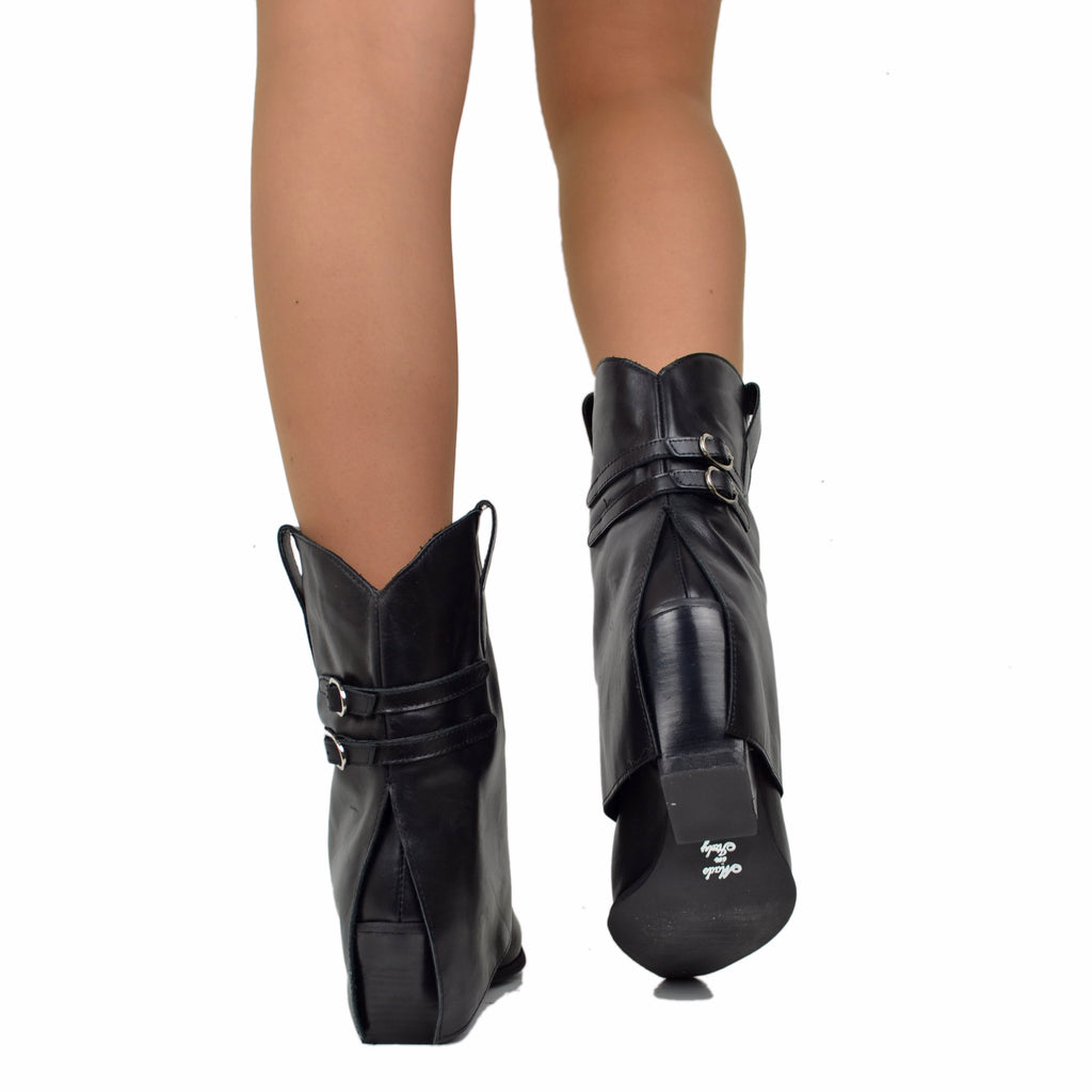 Women's Texan Boots with Gaiter in Black Leather with Buckles - 5