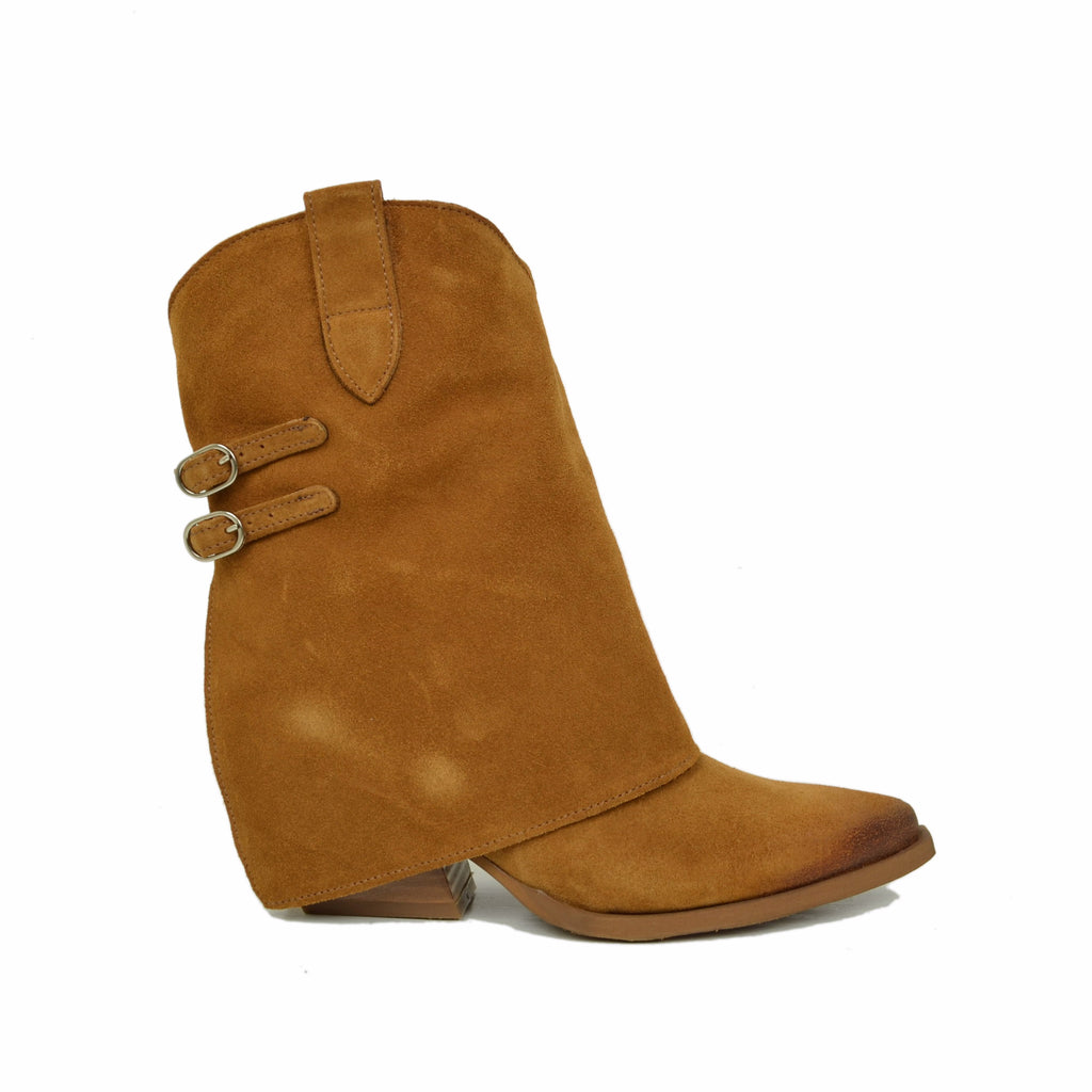 Women's Texan Boots with Gaiter in Suede Leather with Buckles - 3