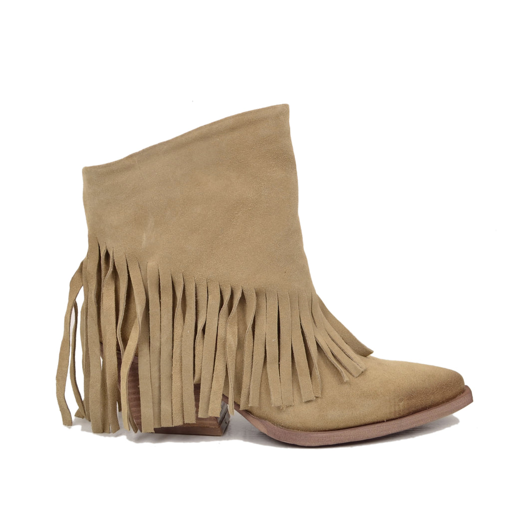 Women's Texan Boots in Beige Suede with Fringes Made in Italy - 2