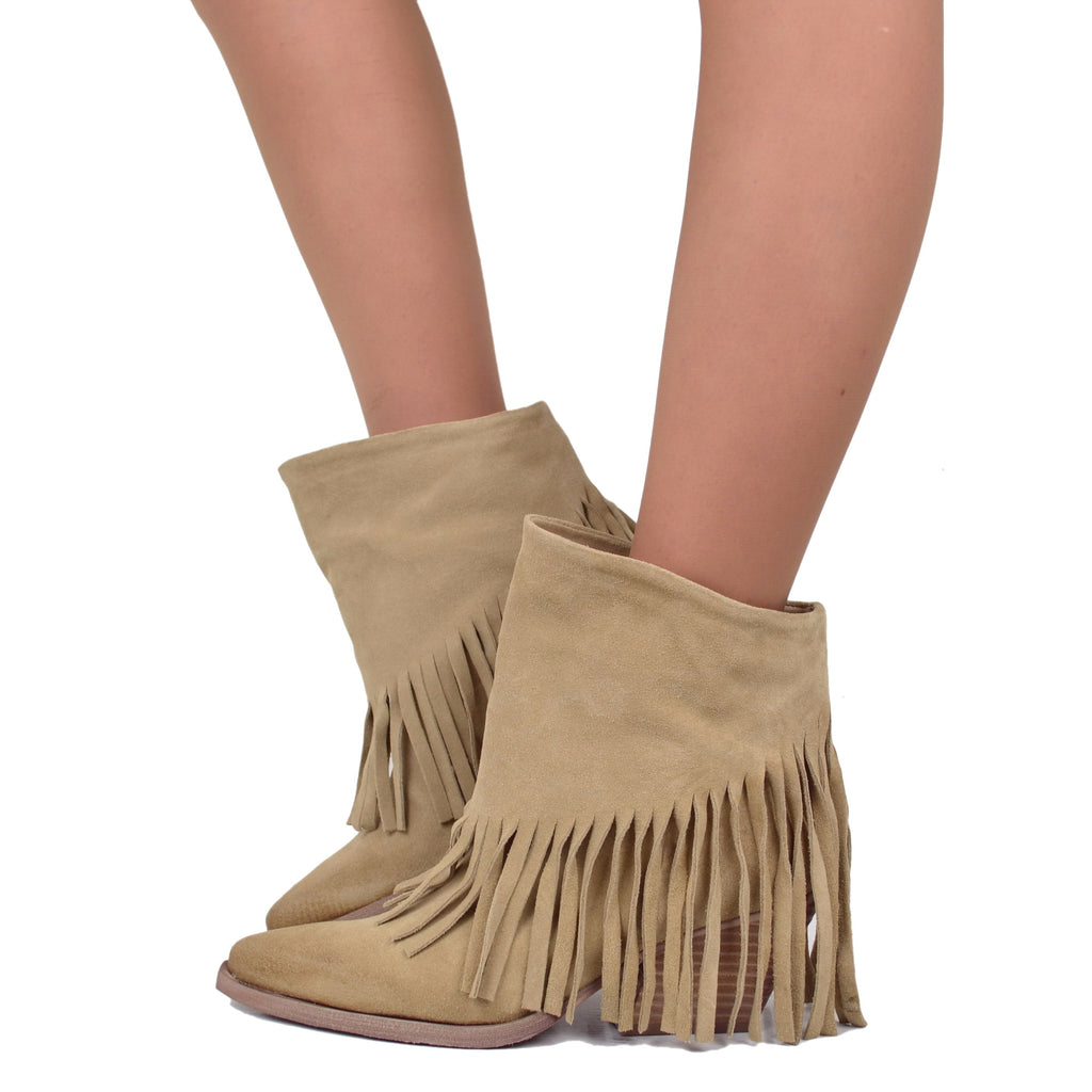 Women's Texan Boots in Beige Suede with Fringes Made in Italy