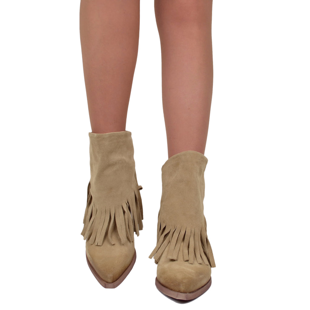 Women's Texan Boots in Beige Suede with Fringes Made in Italy - 3
