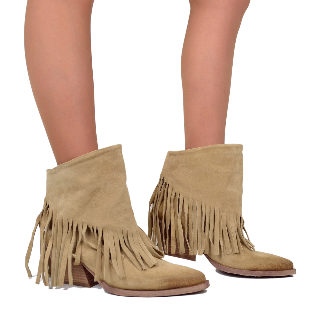 Women's Texan Boots in Beige Suede with Fringes Made in Italy - 4