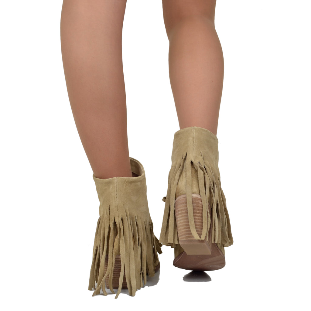 Women's Texan Boots in Beige Suede with Fringes Made in Italy - 5
