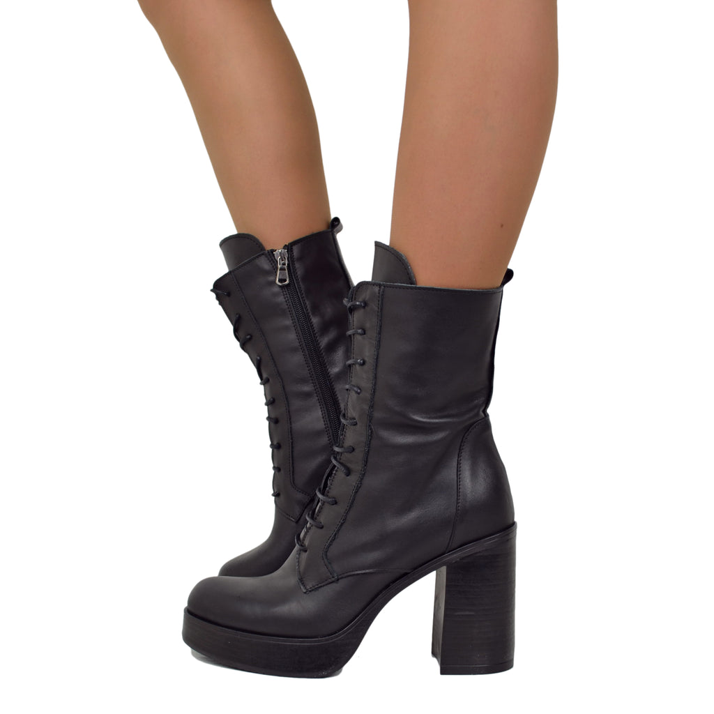 Women's Lace-up Ankle Boots with Plateau and High Heel Made in Italy