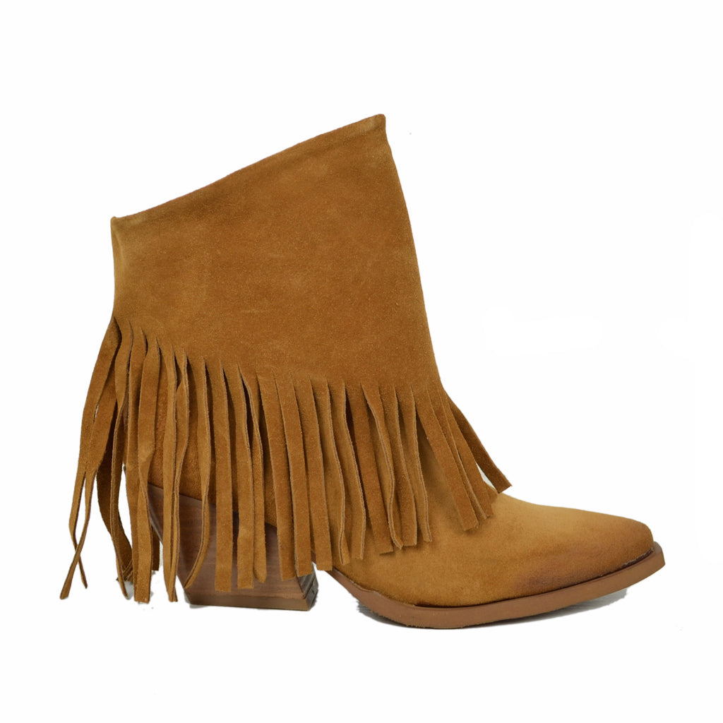Women's Texan Boots in Leather Suede with Fringes Made in Italy - 2