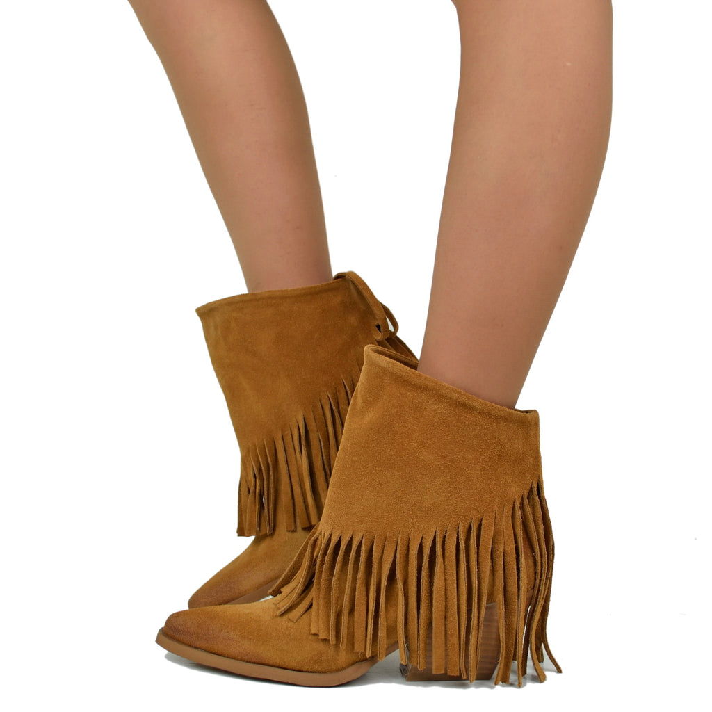 Women's Texan Boots in Leather Suede with Fringes Made in Italy
