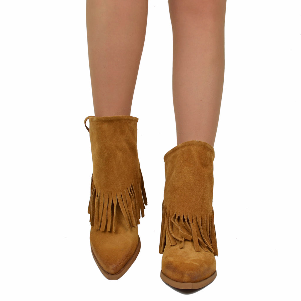 Women's Texan Boots in Leather Suede with Fringes Made in Italy - 3