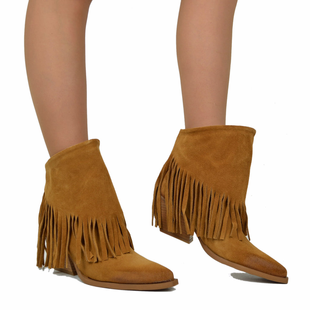 Women's Texan Boots in Leather Suede with Fringes Made in Italy - 4