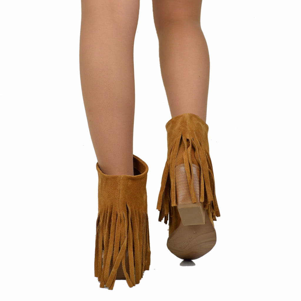 Women's Texan Boots in Leather Suede with Fringes Made in Italy - 5