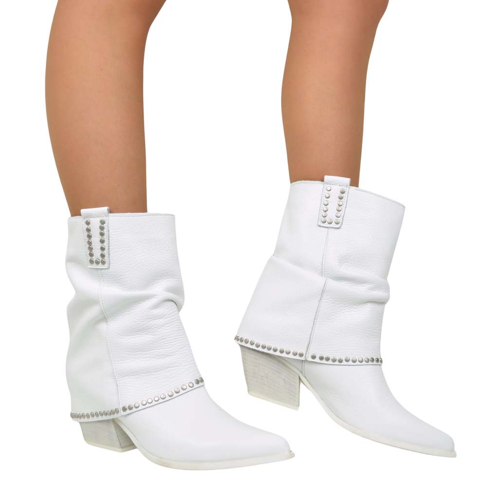 White Handcrafted Genuine Leather Texanini with Studded Ankle Gaiter - 3