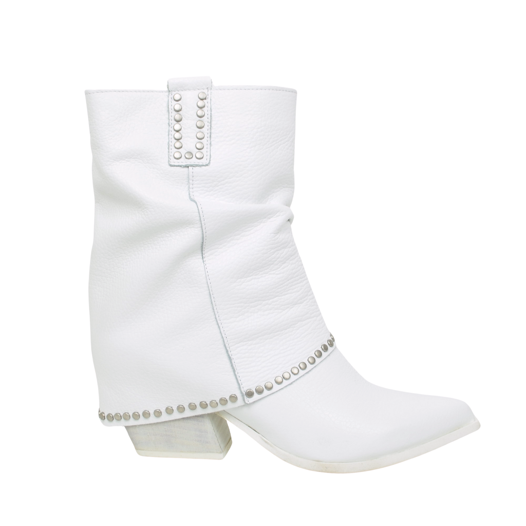 White Handcrafted Genuine Leather Texanini with Studded Ankle Gaiter - 5