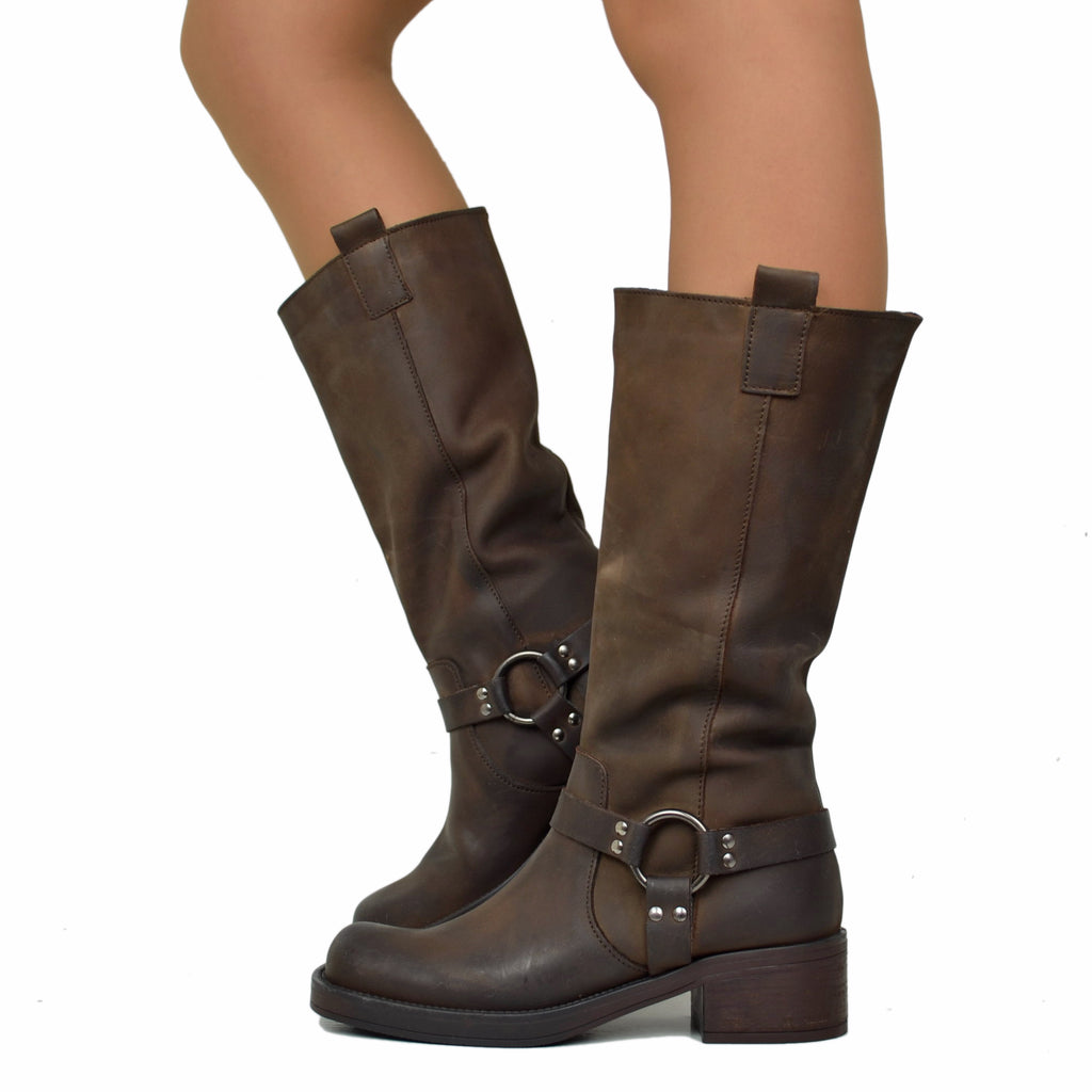 Women's Brown Biker Boots in Nubuck Leather with Square Toe