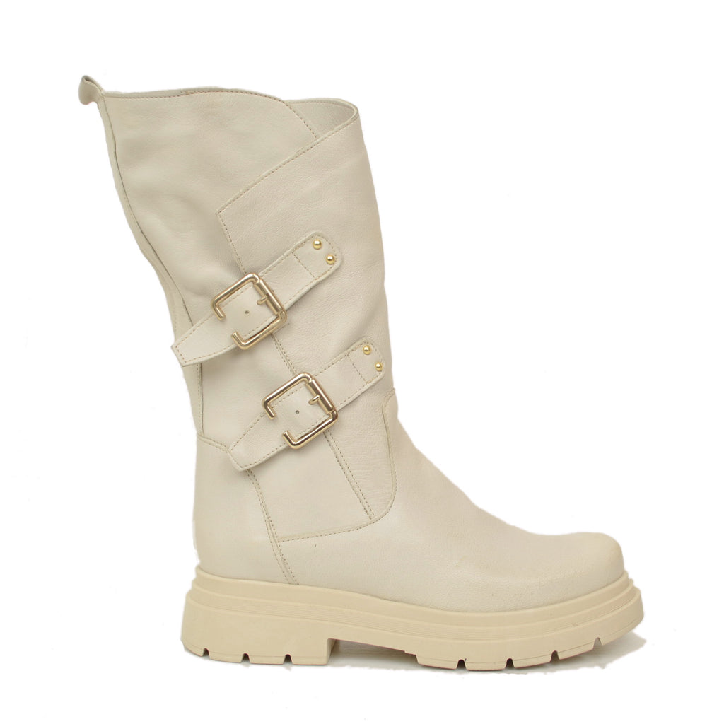 Beige Women's Biker Boots with Buckles and Side Zip Made in Italy - 2