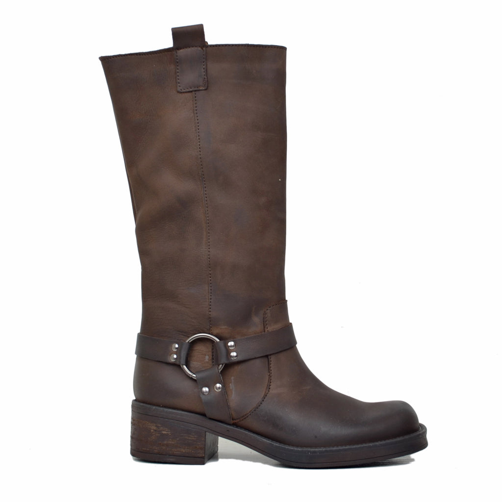 Women's Brown Biker Boots in Nubuck Leather with Square Toe - 2