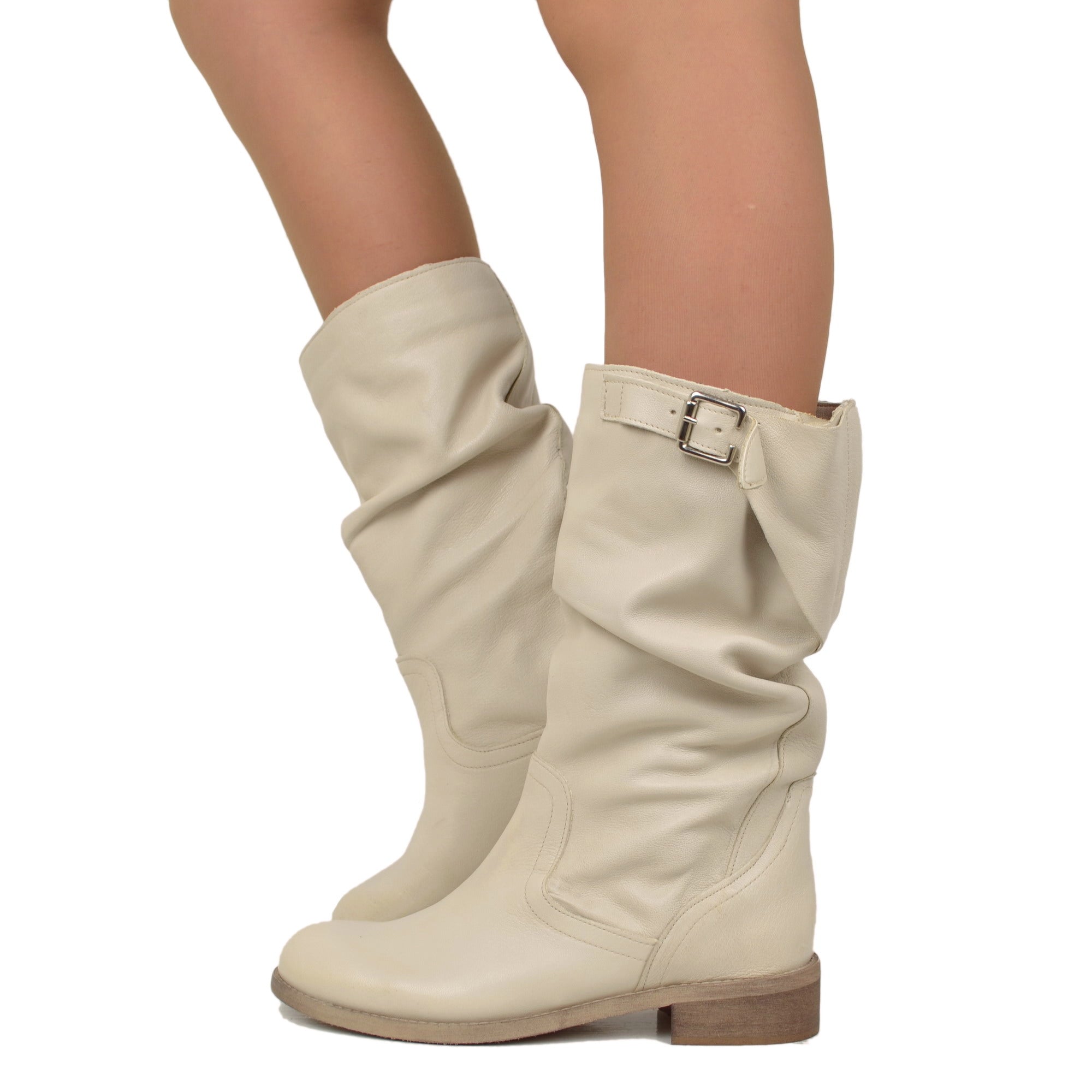 Mid-Calf Biker Boots with Buckle in Beige Vintage Leather