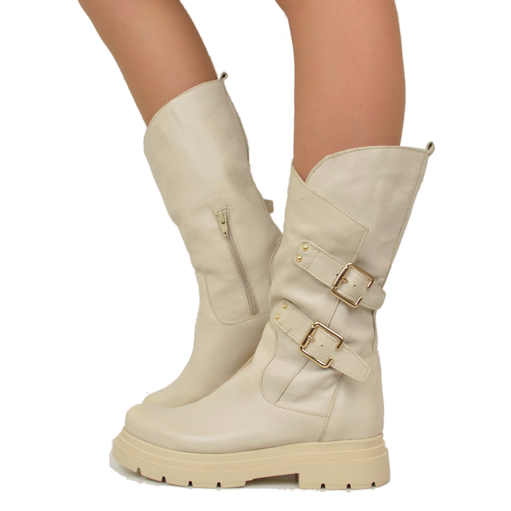 Beige Women's Biker Boots with Buckles and Side Zip Made in Italy