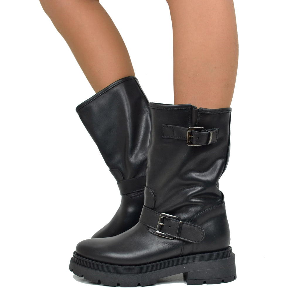Women's Black Leather Biker Boots with Buckles Made in Italy