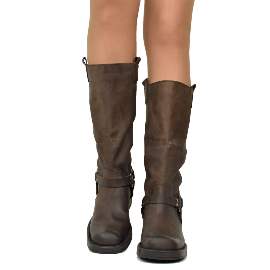 Women's Brown Biker Boots in Nubuck Leather with Square Toe - 5