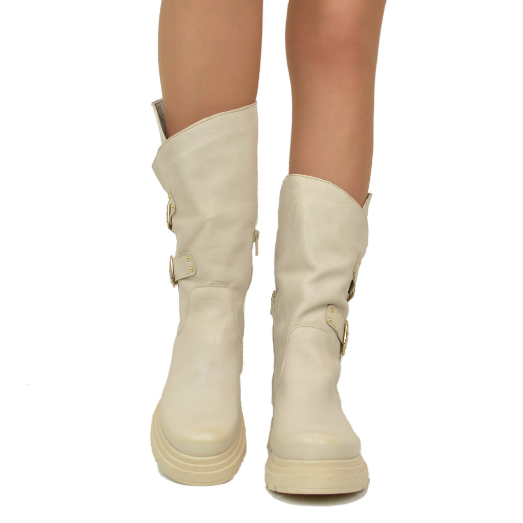 Beige Women's Biker Boots with Buckles and Side Zip Made in Italy - 3