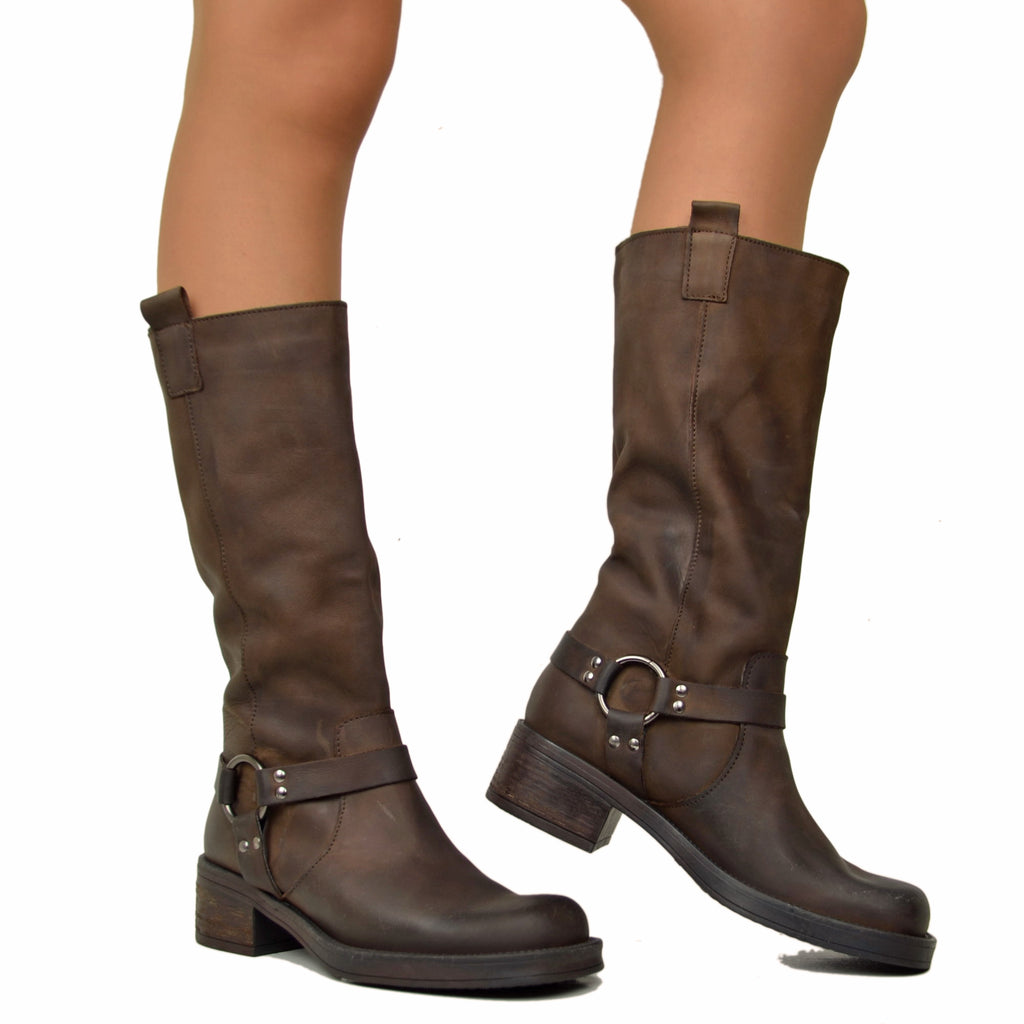 Women's Brown Biker Boots in Nubuck Leather with Square Toe - 3