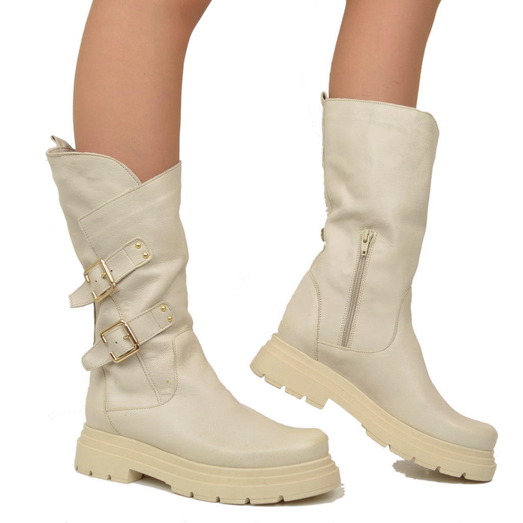 Beige Women's Biker Boots with Buckles and Side Zip Made in Italy - 4