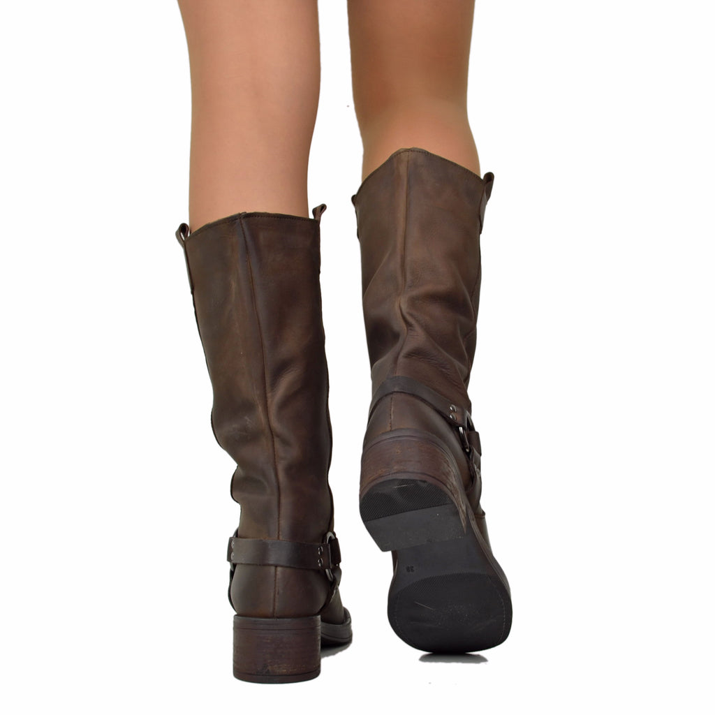 Women's Brown Biker Boots in Nubuck Leather with Square Toe - 4