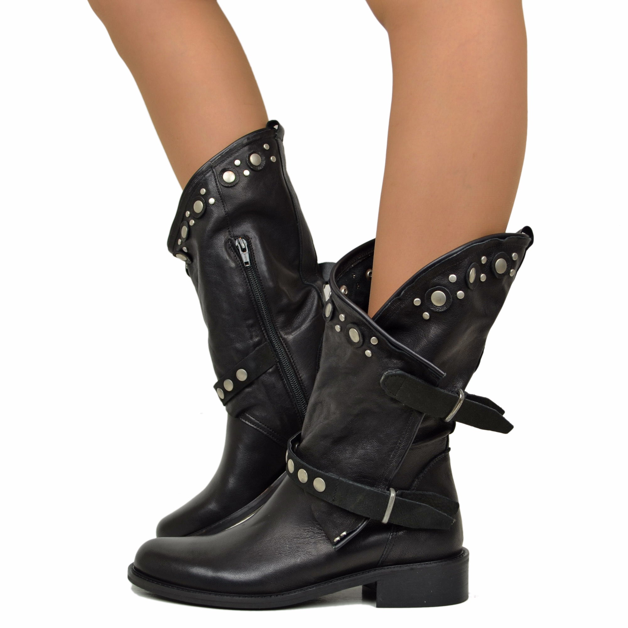 Biker Stivaletti Bassi Semplici Stivali Donna Biker Estivi Neri In