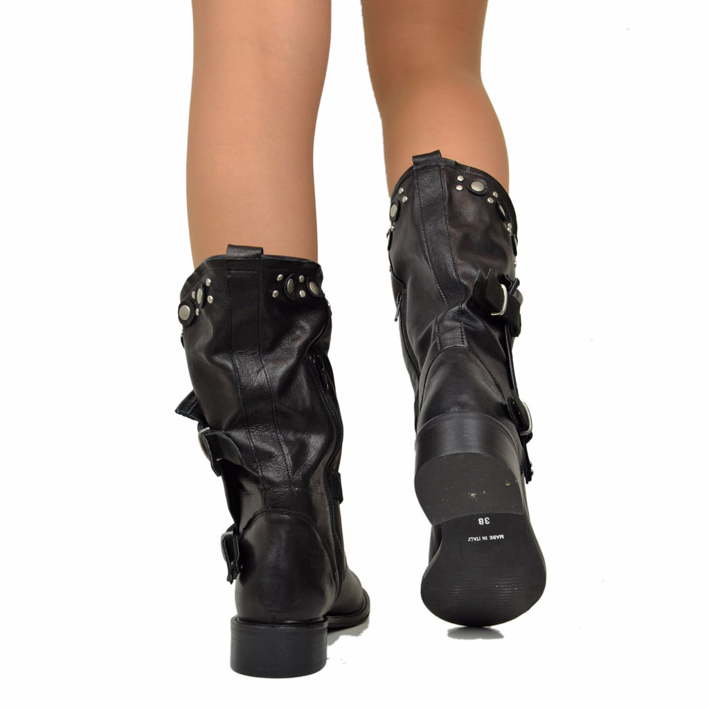 Women's Black Summer Biker Boots in Leather with Studs and Zip - 5
