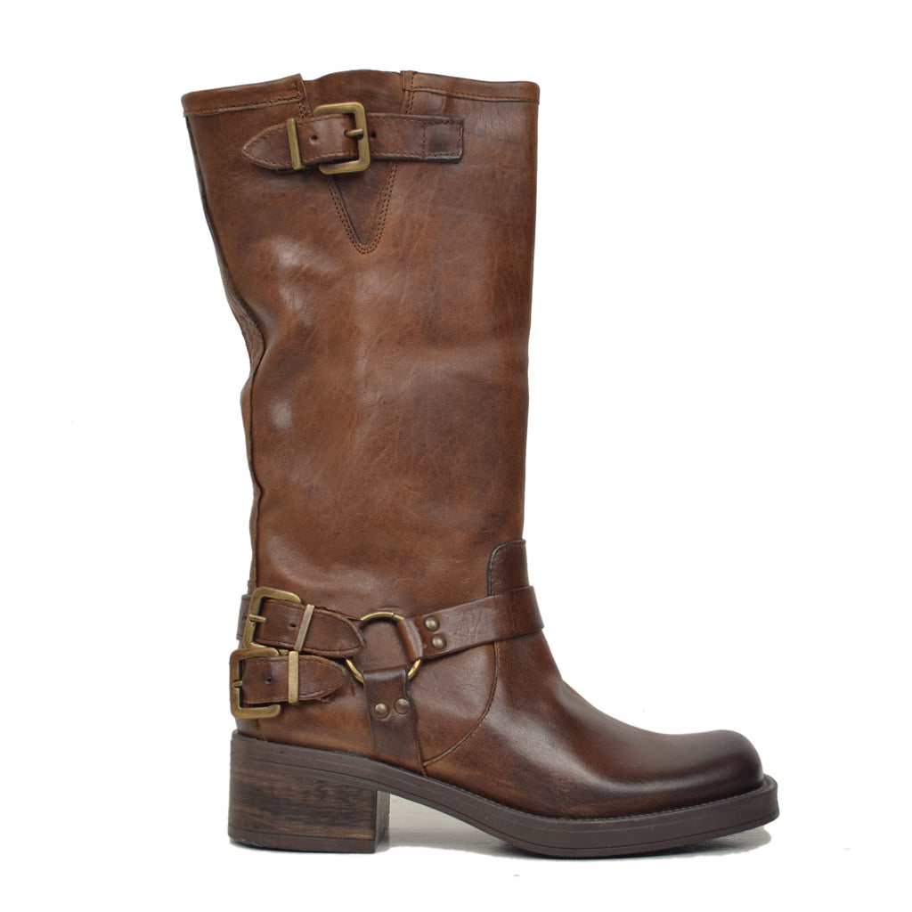 Women's Biker Boots with Square Toe in Brown Oiled Leather - 2