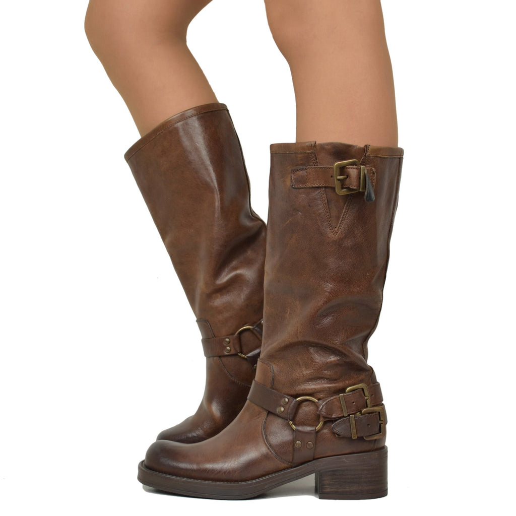 Women's Biker Boots with Square Toe in Brown Oiled Leather
