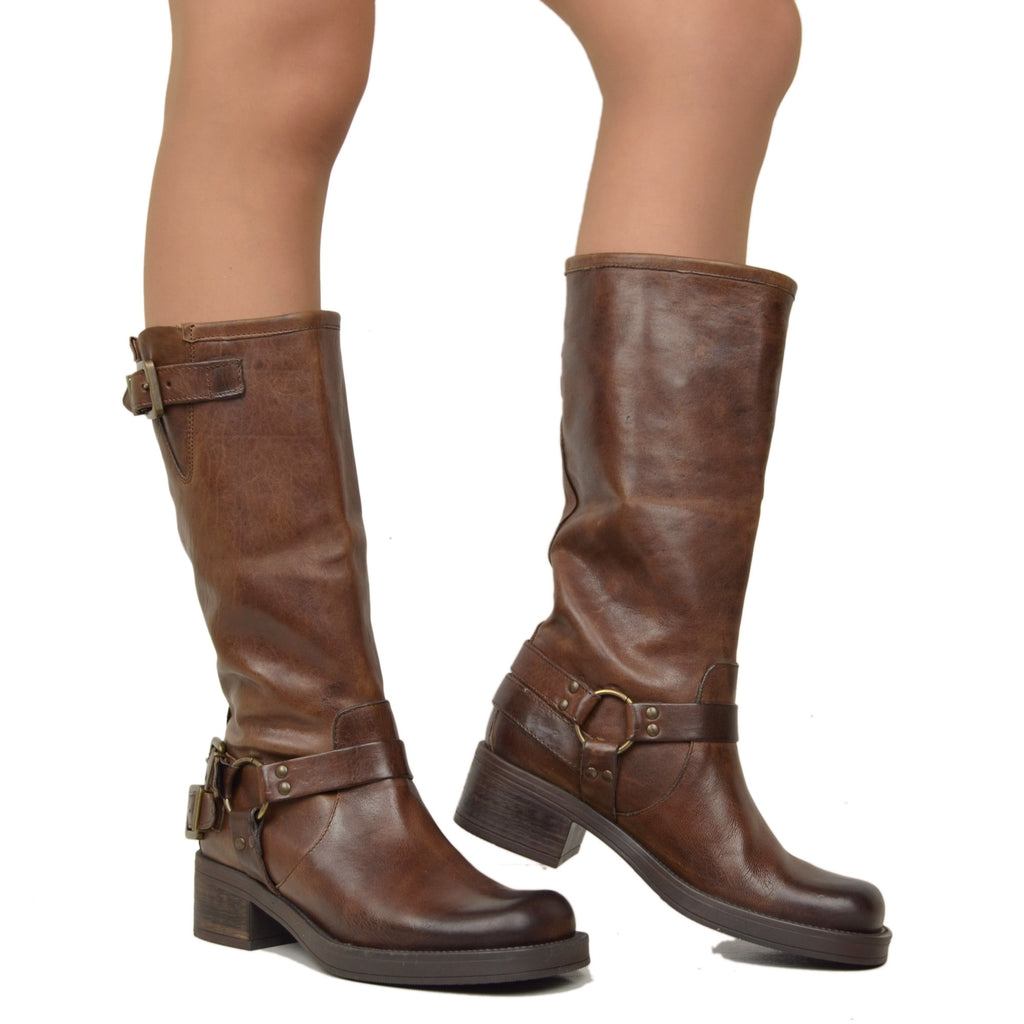 Women's Biker Boots with Square Toe in Brown Oiled Leather - 4