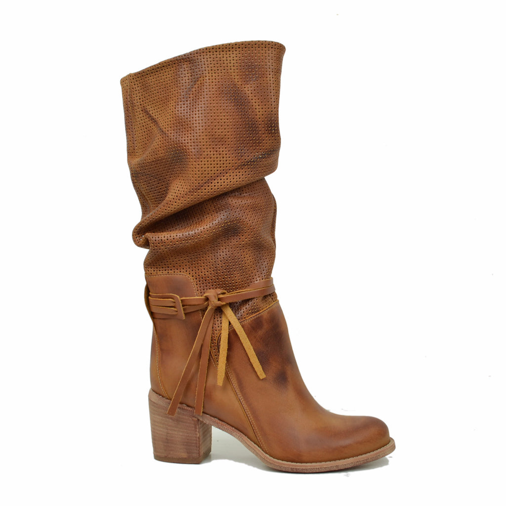Perforated Women's Summer Boots in Tanned Leather - 3