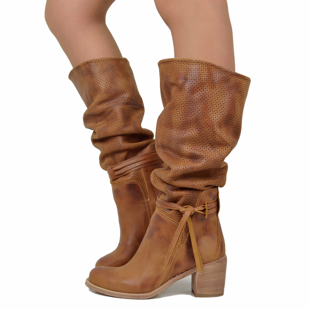 Perforated Women's Summer Boots in Tanned Leather