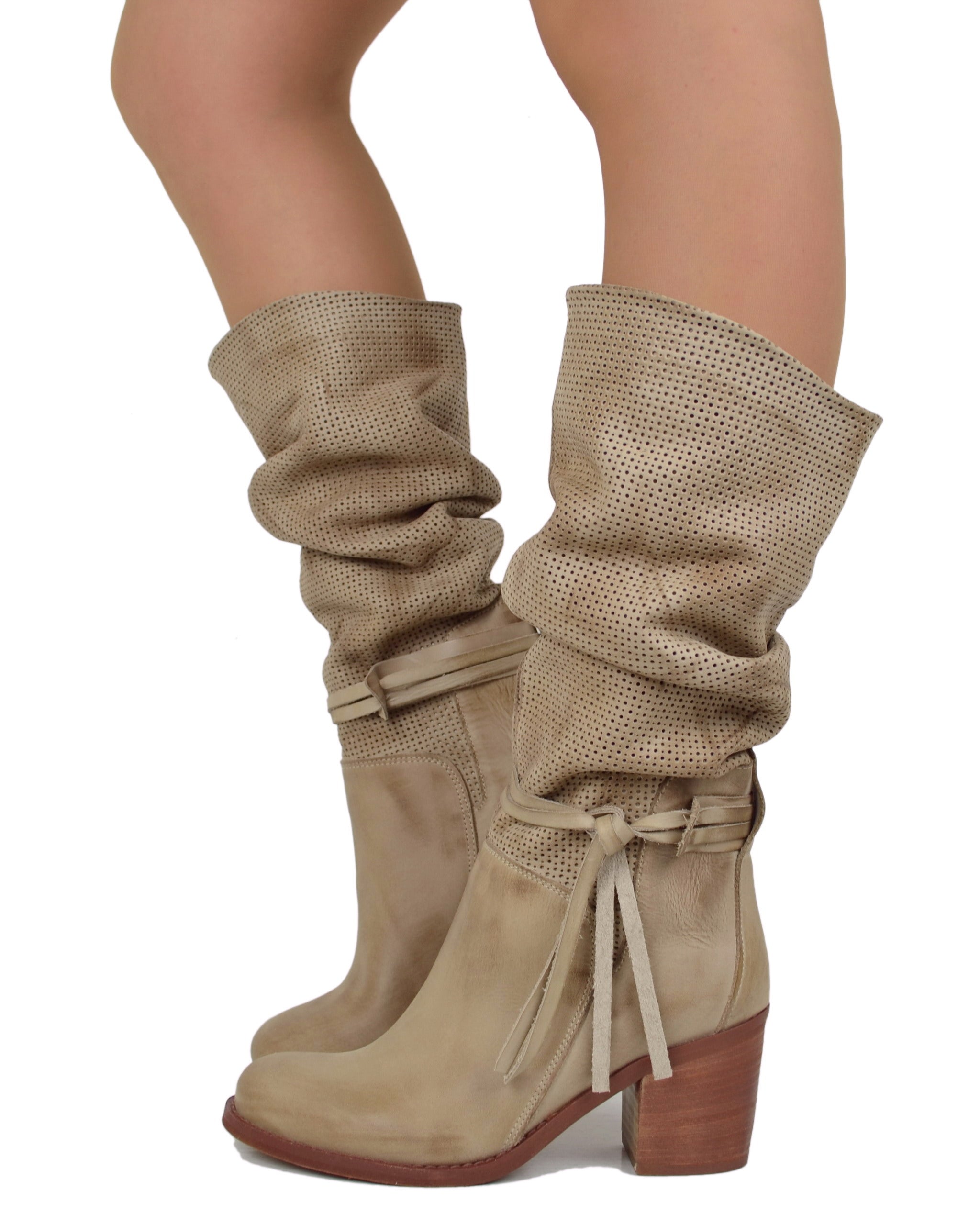 Stivali Estivi Donna Traforati in Pelle Sfumata Fango Tacco Largo Comodo cm