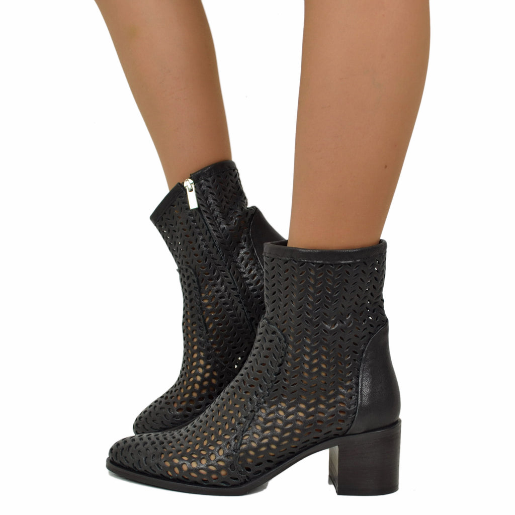 Women's Black Perforated Amphibian Ankle Boots with Zip Made in Italy