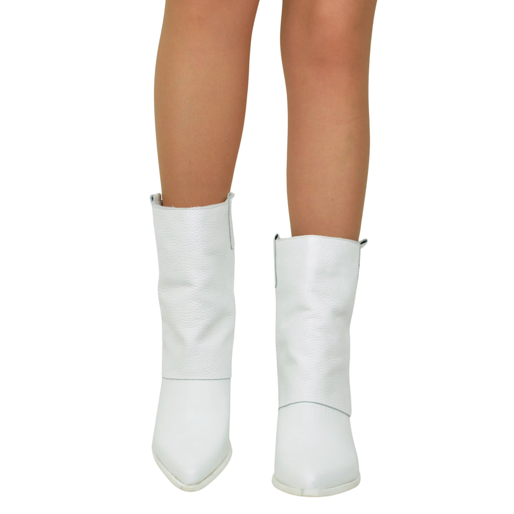 Women's Texan Boots with Ankle Gaiter in White Leather - 3