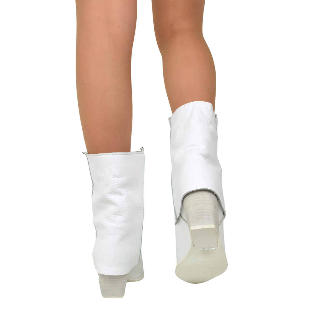 Women's Texan Boots with Ankle Gaiter in White Leather - 4